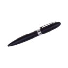 A black ballpoint pen with a sleek design, silver clip, and a central chrome band.