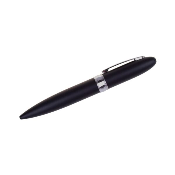 A sleek black pen with a shiny silver band around the middle and a silver clip on the cap, displayed at an angle against a white background.