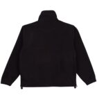Black fleece jacket with a high collar and long sleeves. The back view shows elastic cuffs and a drawstring at the bottom hem.