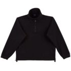 Black fleece jacket with a high collar and a half-zip front. The jacket features long sleeves with elastic cuffs and an adjustable hem with drawstrings.