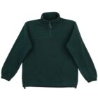 A dark green fleece pullover with a half-zip design. It features long sleeves with elastic cuffs and a stand-up collar. The hem has adjustable drawstrings for a snug fit.