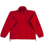 A bright red pullover fleece jacket with a half-zip front and a high collar. The jacket has long sleeves with elastic cuffs and adjustable drawstrings at the hem.
