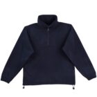 A black quarter-zip fleece pullover with long sleeves. It features a high collar, elastic cuffs, and adjustable drawstrings at the hem. The fabric appears soft and warm, suitable for cooler weather.