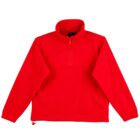 A bright red pullover fleece jacket with a high collar and a half-zip closure. The jacket features long sleeves and a drawstring hem.