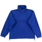 A blue fleece jacket with a high collar and a half-zip front. The jacket has long sleeves and adjustable drawstrings at the hem.