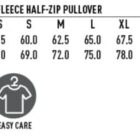 Size chart and icons for a unisex anti-pill polar fleece half-zip pullover. Sizes range from 2XS to 5XL with measurements for half chest and body length. Icons represent wind and cold proof, tough wearing, and easy care features.