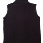 A black, sleeveless fleece vest with a high collar is displayed. The back view shows a simple design with two adjustable drawstrings at the bottom hem for fit adjustment. The fabric appears soft and suitable for layering or casual wear.