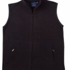 A black fleece vest with a front zipper, high collar, and two zippered pockets. The vest is laid flat against a white background.