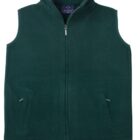 A dark green fleece vest with a high collar, zipper closure, and two front zippered pockets. The vest has a simple design and adjustable drawcord at the hem.