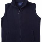 A black fleece vest with a zip-up front and two side pockets, displayed on a plain background. The vest has a stand-up collar and its tag is visible inside the collar.