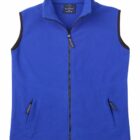 A vibrant blue fleece vest with a full-length zipper down the middle, two zippered side pockets, and a high collar. The armholes are outlined in black trim.