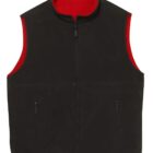 A sleeveless black vest with a red inner lining, featuring a full front zipper and two zippered pockets. The vest is laid flat on a white background.