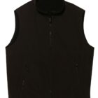 A black fleece vest with a high collar and zippered front. It features zip pockets on both sides and an adjustable drawstring at the hem. The vest has a simple, sleek design.