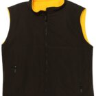 A sleeveless black vest with a bright yellow lining. It features a high collar, black front zipper, and two zippered pockets on either side.