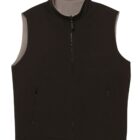 A black sleeveless zip-up vest with a high collar, featuring two front zippered pockets. The vest is displayed against a plain white background, with a visible pull cord at the bottom hem.