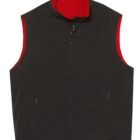 A sleeveless vest with a black exterior and red interior. It features a high collar and two zippered pockets on the front. The vest is laid flat, showcasing its contrasting colors.