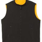 A sleeveless black vest with a front zipper, featuring a bright orange lining. The vest has two zippered pockets on each side and a high collar.