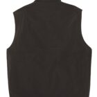 A back view of a dark brown sleeveless jacket with a high collar. The jacket has a plain design and appears to be made of a smooth fabric.
