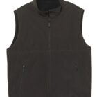 A dark brown zip-up vest with a high collar and two front pockets. The vest appears to be made from a soft fabric and is laid flat, fully zipped.