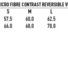 A size chart for a unisex polar fleece/microfiber contrast reversible vest. Shows modern fit sizes XS to 3XL, with corresponding half chest and body length measurements. Includes icons for wind and cold proof, and reversible features.