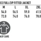 Size chart for a mens bonded polar fleece full-zip jacket, showing slim fit measurements. Sizes S-5XL include half chest and body length dimensions. Features icons for wind & cold proof, tough wearing, and easy care.