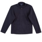 A navy blue fleece jacket with a high collar and zippered front. The jacket features two zippered side pockets and long sleeves, displayed against a white background.
