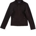 Black zip-up jacket with long sleeves and a standing collar. It features two front zippered pockets and a sleek design.