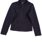 A black fleece jacket with a front zipper, long sleeves, and two zippered pockets at the waist. The jacket has a stand-up collar and a simple, clean design.