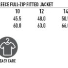 Size chart for a ladies polar fleece jacket in sizes 8 to 18 with measurements for half chest (43.0 to 55.5) and body length (57.0 to 72.0). Icons indicate windproof, tough wearing, and easy care features.