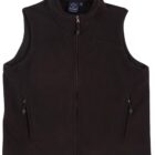 A black sleeveless zip-up vest with a high collar, featuring two side pockets with zippers. The vest is laid flat against a white background.