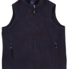 A black sleeveless fleece vest with a front zipper and zippered pockets. The vest features a high collar and a subtle stitching design.