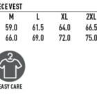 Size chart for a mens bonded polar fleece vest showing slim fit measurements in centimeters for sizes S to 5XL. Icons indicate wind and cold proof, tough wearing, and easy care features.
