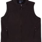 A black fleece vest with a high collar and a front zipper. It features two zippered pockets on either side. The vest is laid flat, showing the sleeveless design and simple style.
