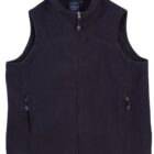 A black sleeveless fleece vest with a front zipper and two zippered pockets. The vest has a stand-up collar and a simple, plain design.