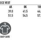 A size chart for a kids bonded polar fleece vest, showing measurements for half chest and body length in sizes 4K to 14K. Icons indicate the vest is wind and cold proof, tough wearing, and easy care.