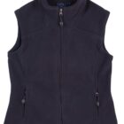 A dark blue, sleeveless fleece vest with a front zipper and two zippered pockets. The vest has a high collar and is laid flat against a white background.