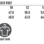 A sizing chart for PF10 Ladies Bonded Polar Fleece Vest shows slim fit sizes 8 to 18, with half chest measurements 44.0 to 59.0, and body lengths 57.0 to 72.0. Icons indicate windproof, tough wearing, and easy care features.