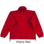 A red fleece jacket with a half-zip front and elastic cuffs. The color is labeled as Cherry Red. The jacket also features an adjustable drawstring hem.