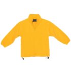 A bright yellow fleece pullover with a half-zip design. It features long sleeves, elastic cuffs, and adjustable drawstrings at the hem. The collar is upright, and theres a visible label at the neck.