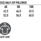 Size chart for a kids anti-pill polar fleece half-zip pullover, showing measurements for 4K to 16K sizes. Features include wind and cold protection, tough wearing, and easy care.