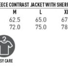 A size chart for a mens anti-pill polar fleece contrast jacket with sherpa fleece lining, with size options from S to 3XL. Measurements include half chest and body length. Features icons: wind & cold proof, UV protection, and easy care.