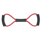 A red figure-eight resistance band with black foam handles on each end, designed for exercise and strength training. The center of the band features a black foam grip for comfortable use.