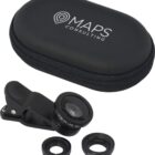 A black zippered case with MAPS Consulting printed on it. Nearby are three detachable camera lenses: a fisheye lens attached to a clip, and two additional lenses labeled MACRO and 0.67X WIDE.