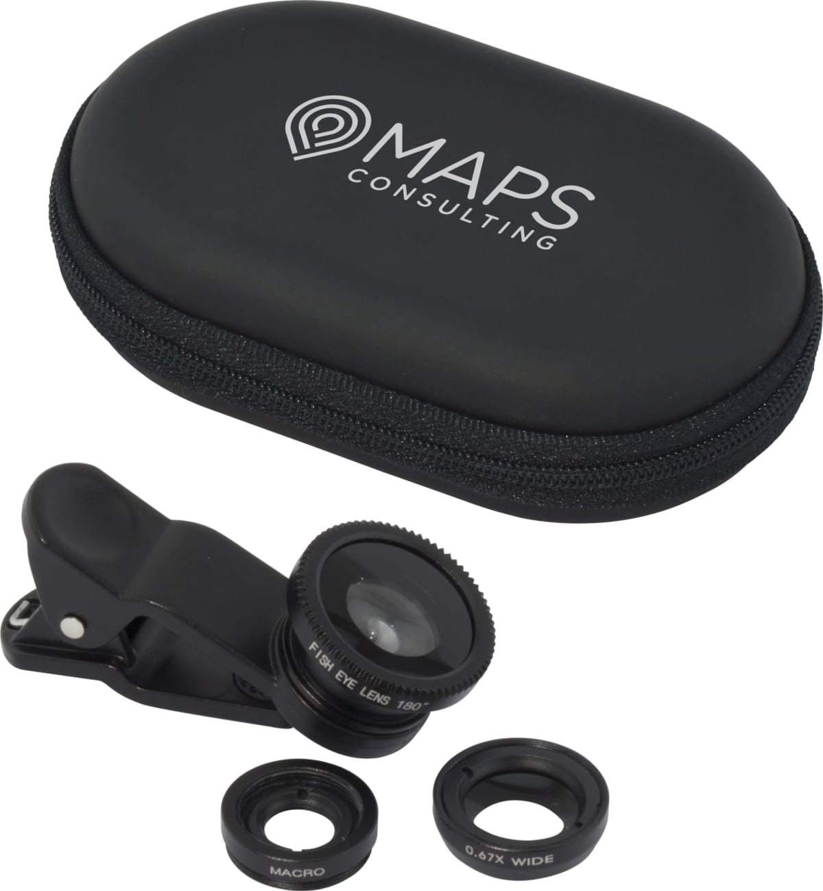 A black zippered case with MAPS Consulting printed on it. Nearby are three detachable camera lenses: a fisheye lens attached to a clip, and two additional lenses labeled MACRO and 0.67X WIDE.
