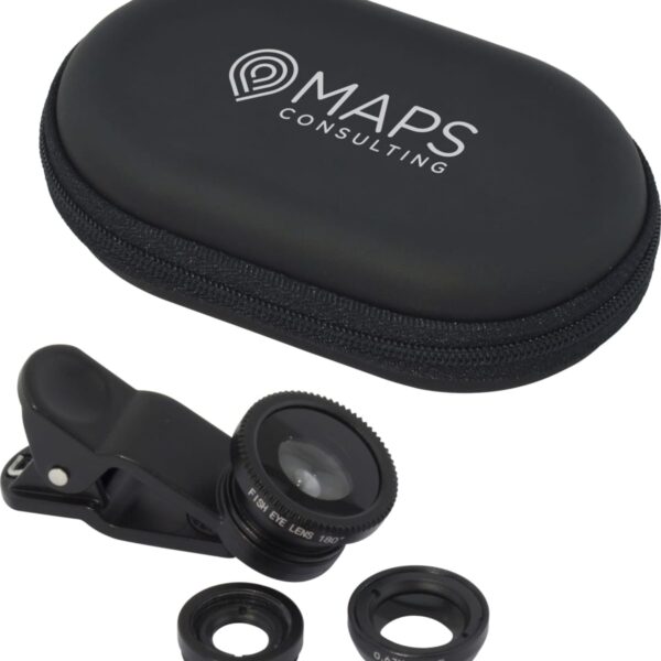 A black zippered case with Maps Consulting on it, accompanied by a phone camera lens kit including a clip-on lens and two additional lenses labeled Macro and 0.67X Wide.