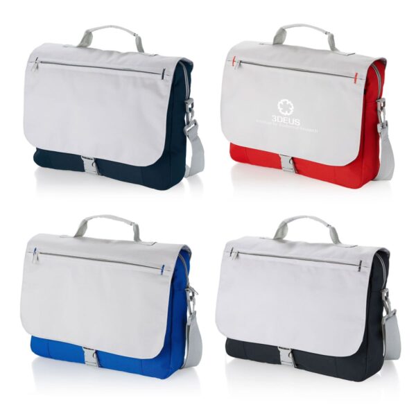 Four messenger bags are displayed in a grid. The bags are in different colors: navy blue, red, royal blue, and black. Each has a light gray flap with a handle and silver hardware, featuring a logo with a circular design.