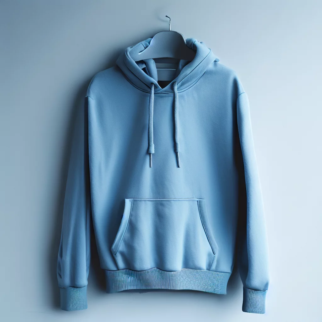 blue hoodie in a hanger and power blue background