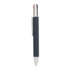 Black and white retractable pen with a pocket clip and three colored ink sections.