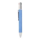 A blue retractable pen with a silver clip, photographed against a white background.