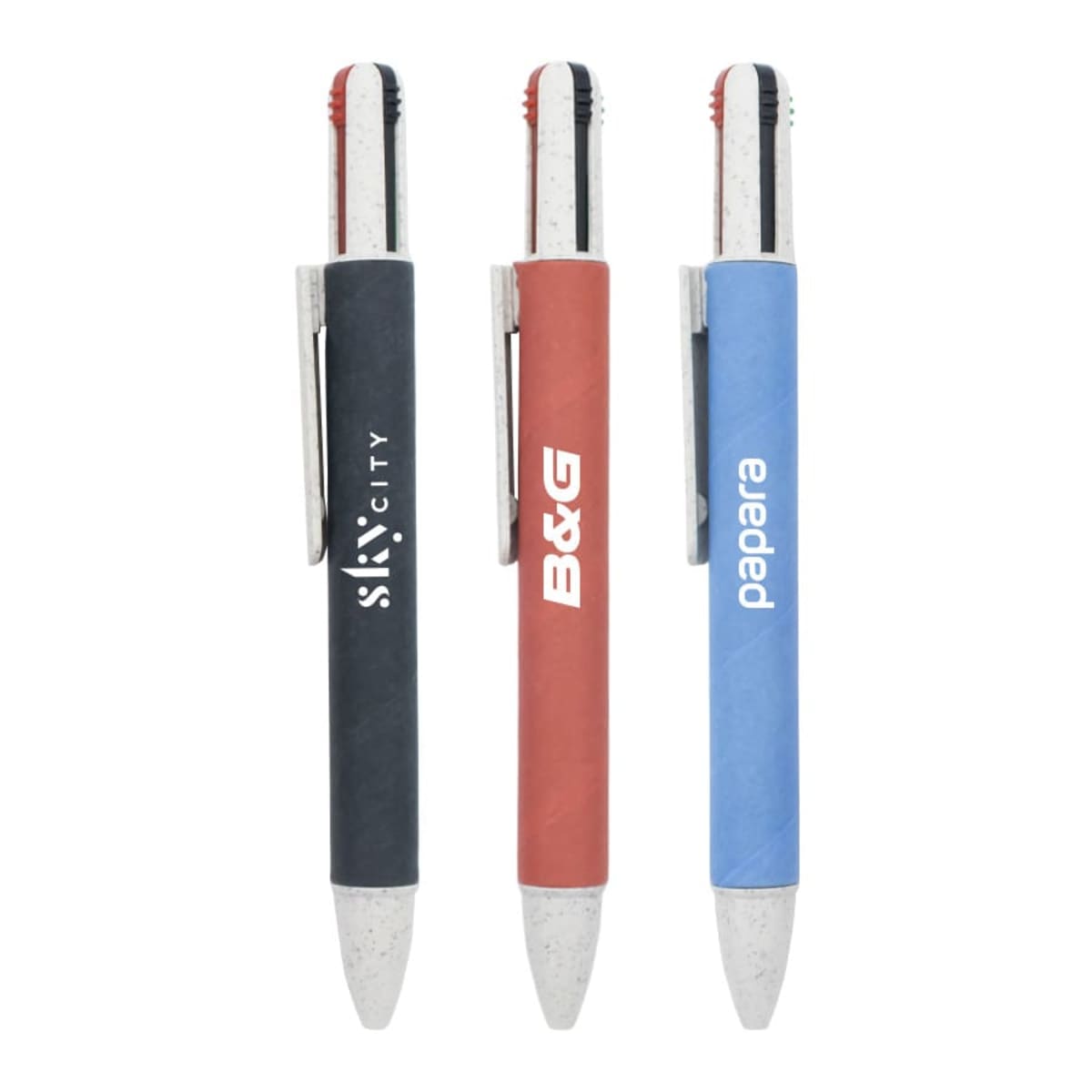 Three retractable pens in black, red, and blue with different brand logos on the barrels.